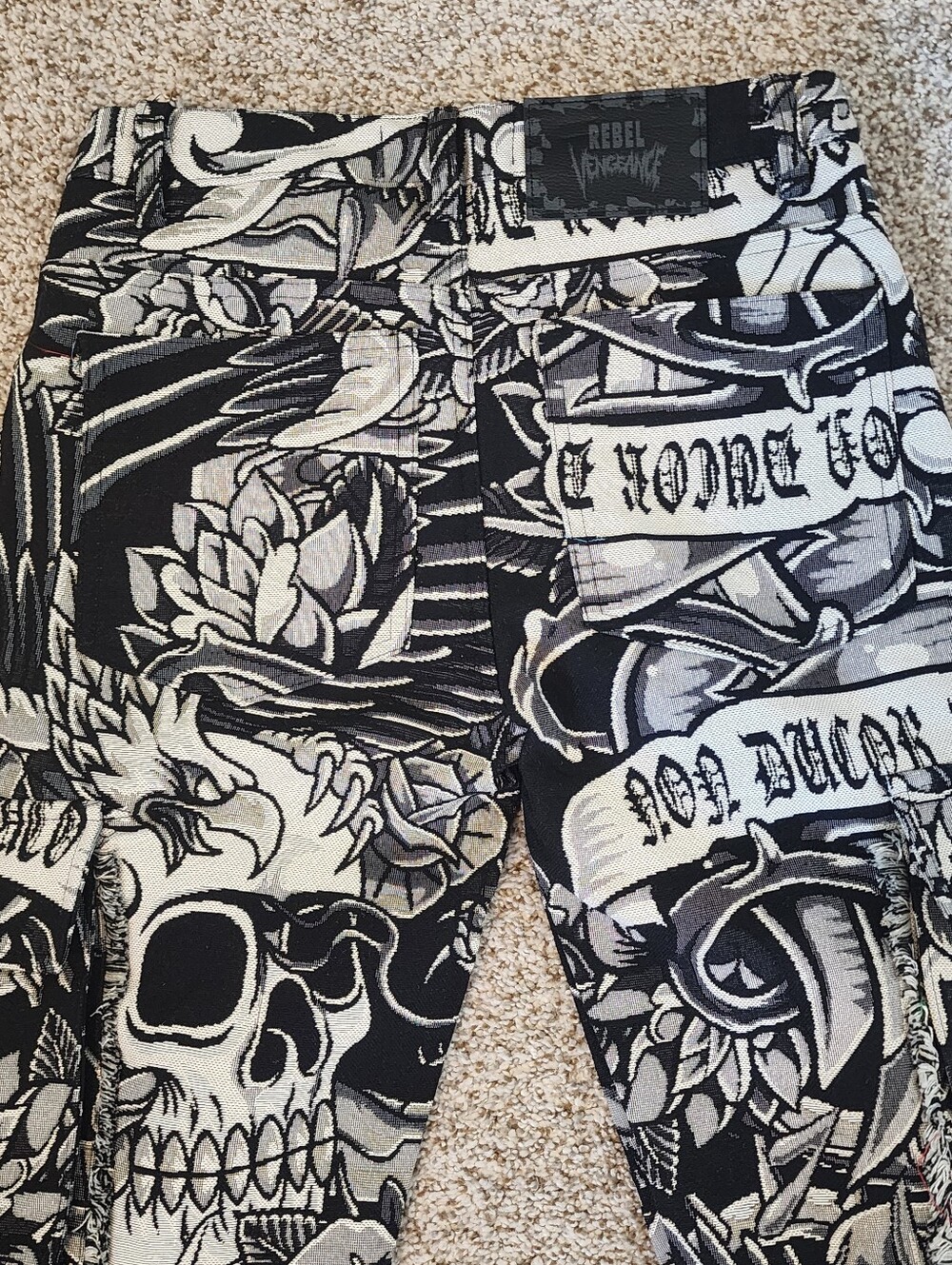 💀Rebel Vengeance Tapestry Cargo Pants Skull Skeleton Goth Streetwear Sz 28 NWT